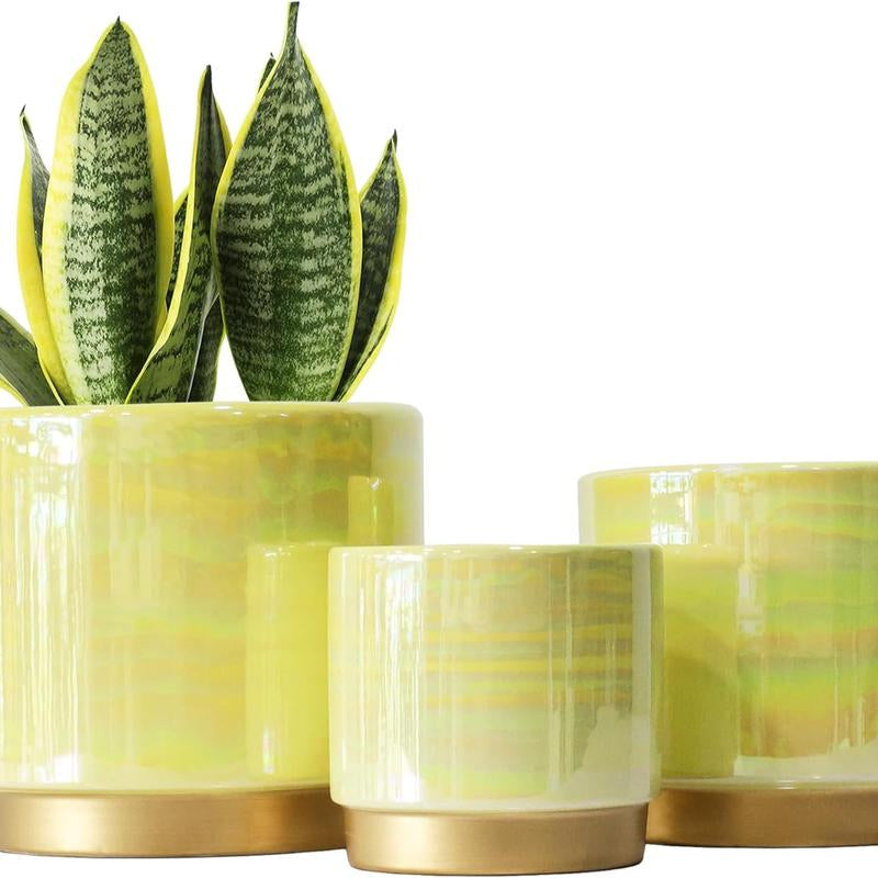 3 Pack Ceramic Pots for Plants, Rainbow Pearl Glaze Planter with Drainage Hole for Indoor-Outdoor Large round Succulent Orchid Flower Pots
