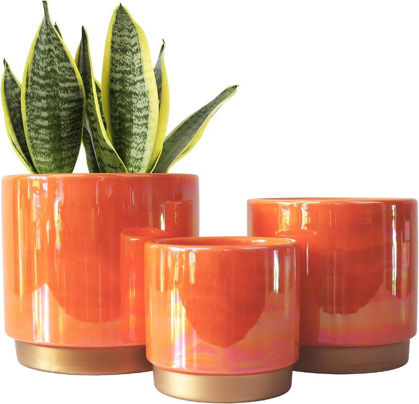 3 Pack Ceramic Pots for Plants, Rainbow Pearl Glaze Planter with Drainage Hole for Indoor-Outdoor Large round Succulent Orchid Flower Pots