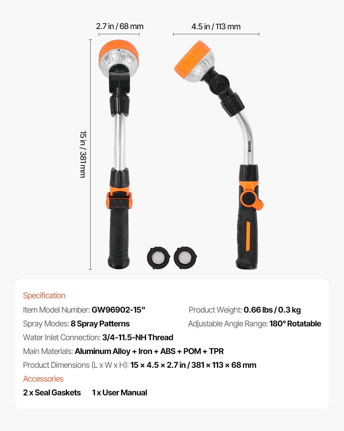 Heavy Duty Garden Hose Wand 15-Inch Long with 8 Spray Patterns & 180¡Ã Swivel Head