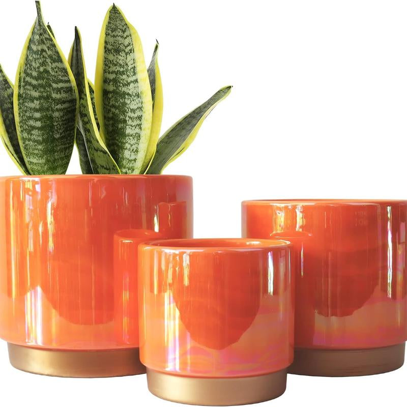 3 Pack Ceramic Pots for Plants, Rainbow Pearl Glaze Planter with Drainage Hole for Indoor-Outdoor Large round Succulent Orchid Flower Pots