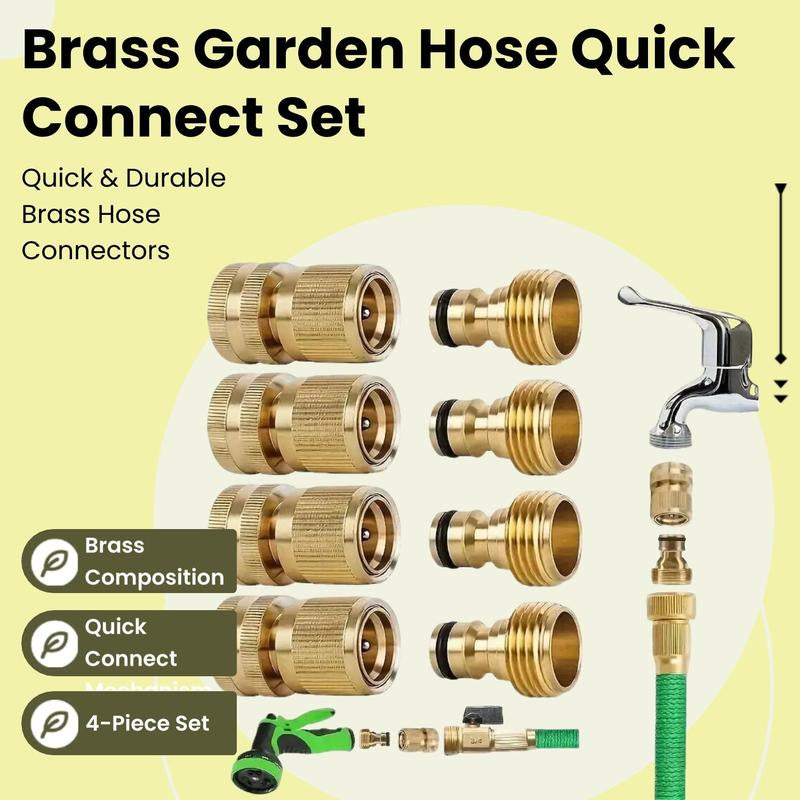 Brass Garden Hose Quick Connect Set, 4 Counts/Set Garden Hose Connector Adapter, Gardening Tool Accessories, Water Hose Connector Adapter for Outdoor Lawn and Gardening Use, Garden Watering, Garden Equipment