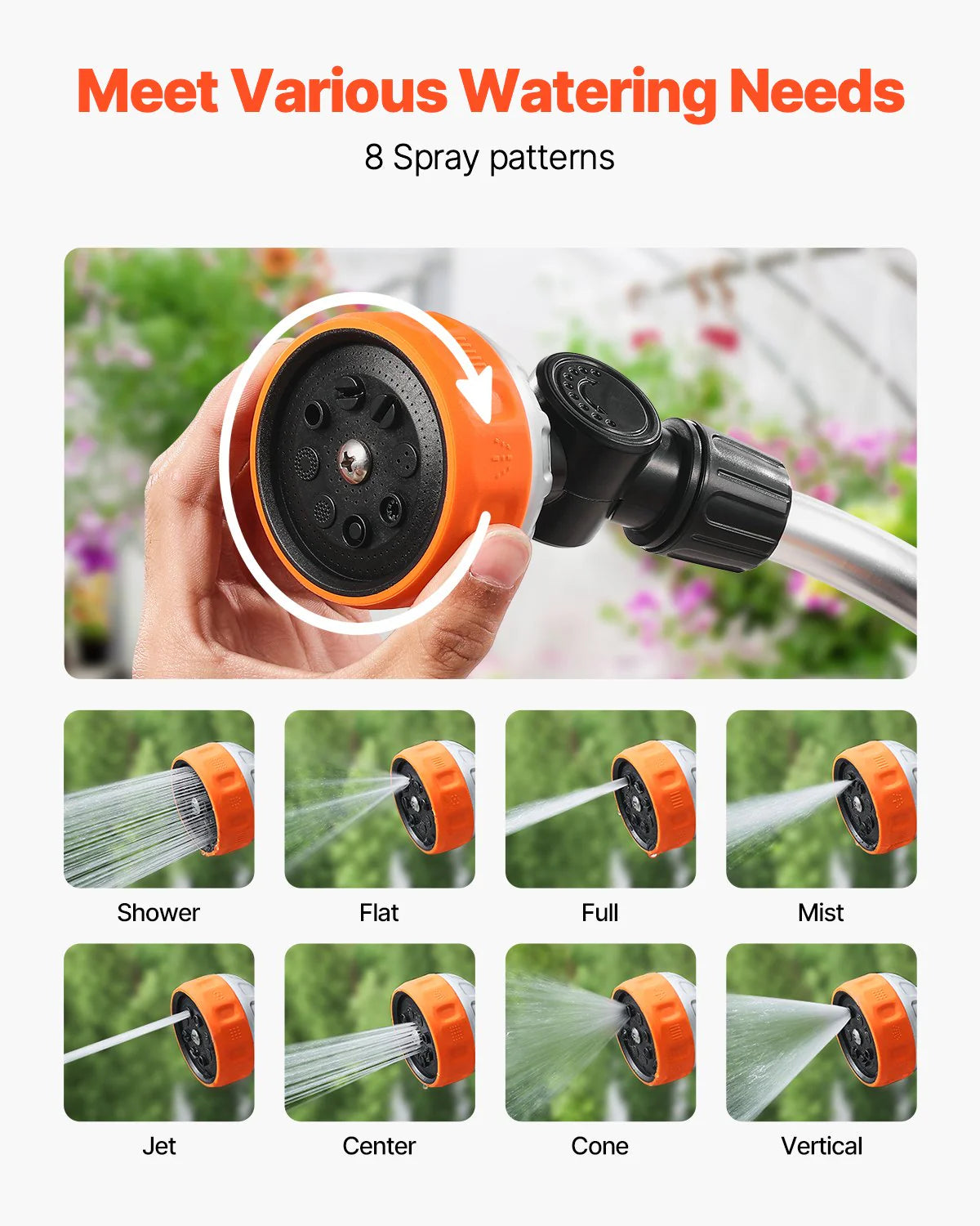 Heavy Duty Garden Hose Wand 15-Inch Long with 8 Spray Patterns & 180¡Ã Swivel Head