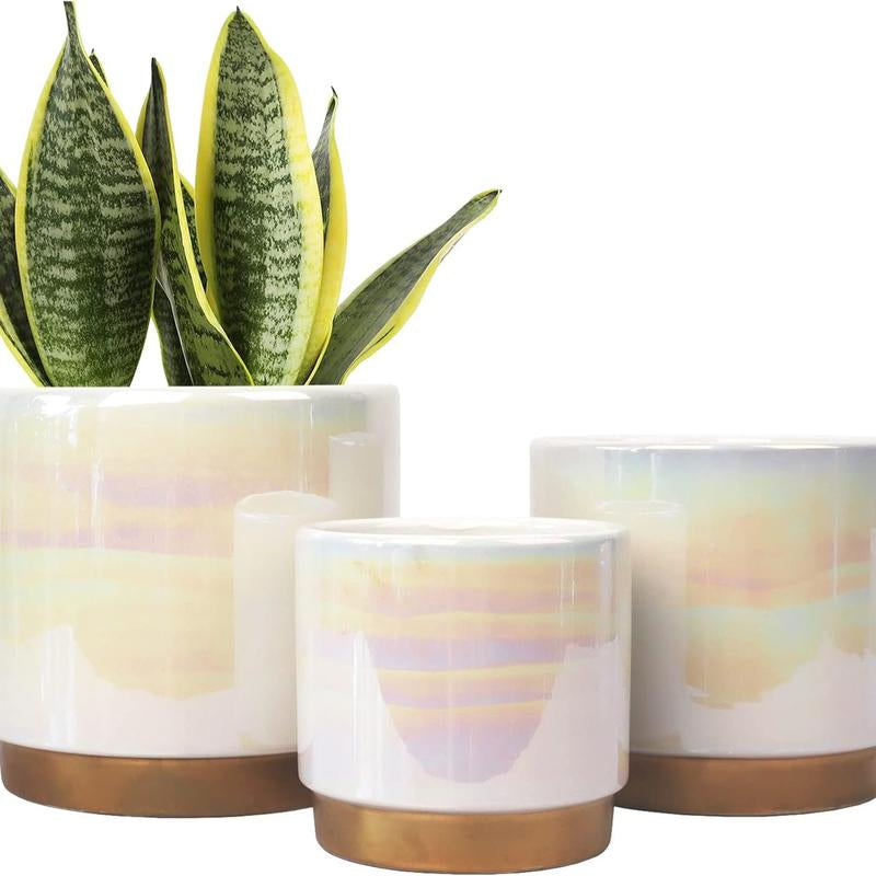 3 Pack Ceramic Pots for Plants, Rainbow Pearl Glaze Planter with Drainage Hole for Indoor-Outdoor Large round Succulent Orchid Flower Pots