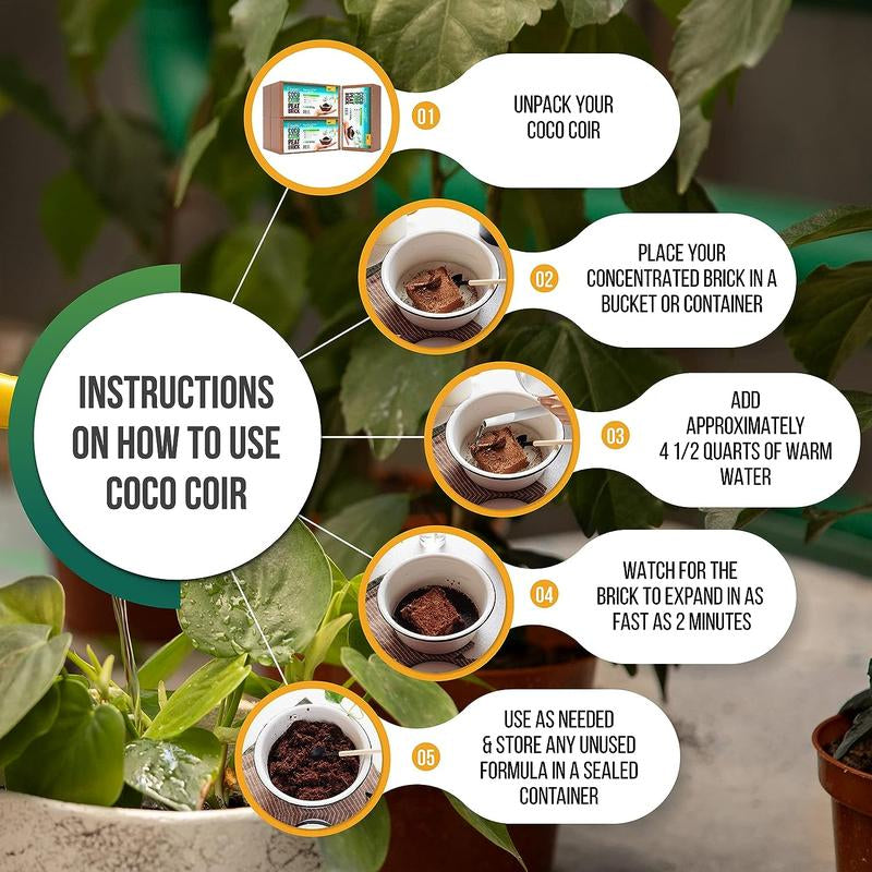 Compressed Coco Coir 5-Pack – 1.4 Lb Bricks, Organic, Ph-Adjusted, Expanding Garden Soil for Herbs, Flowers & Plants Premium Potting Fertilizer Cocopeat Peat Ph Balance