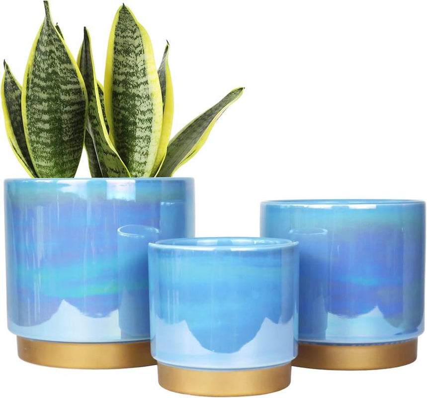 3 Pack Ceramic Pots for Plants, Rainbow Pearl Glaze Planter with Drainage Hole for Indoor-Outdoor Large round Succulent Orchid Flower Pots
