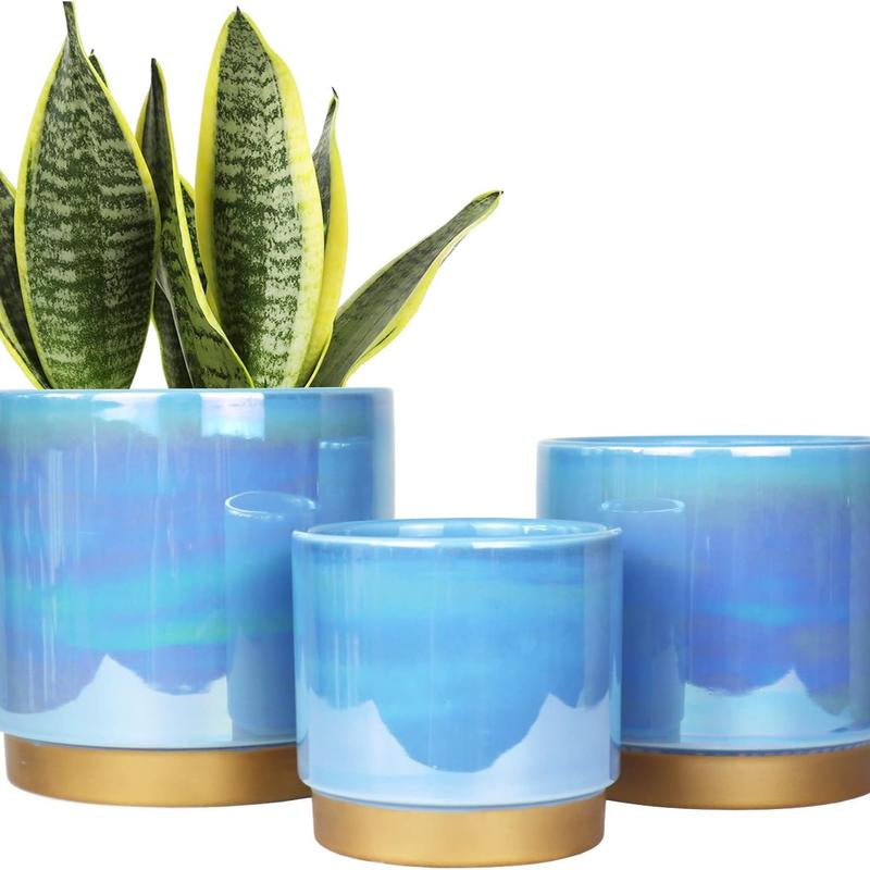 3 Pack Ceramic Pots for Plants, Rainbow Pearl Glaze Planter with Drainage Hole for Indoor-Outdoor Large round Succulent Orchid Flower Pots