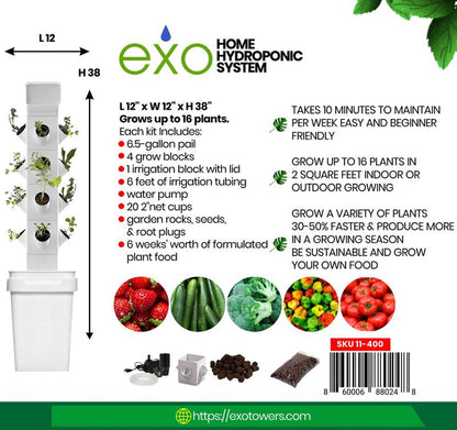 Upgrade Your Gardening Game with EXOTOWER 4 Tier/16 Plant Hydroponic Kit - Hydroponic System, Nutrient-Rich Water Solution, Manufacturer Warranty, 6 Feet of Irrigation Tubing for Home Improvement & Garden Pots & Planters
