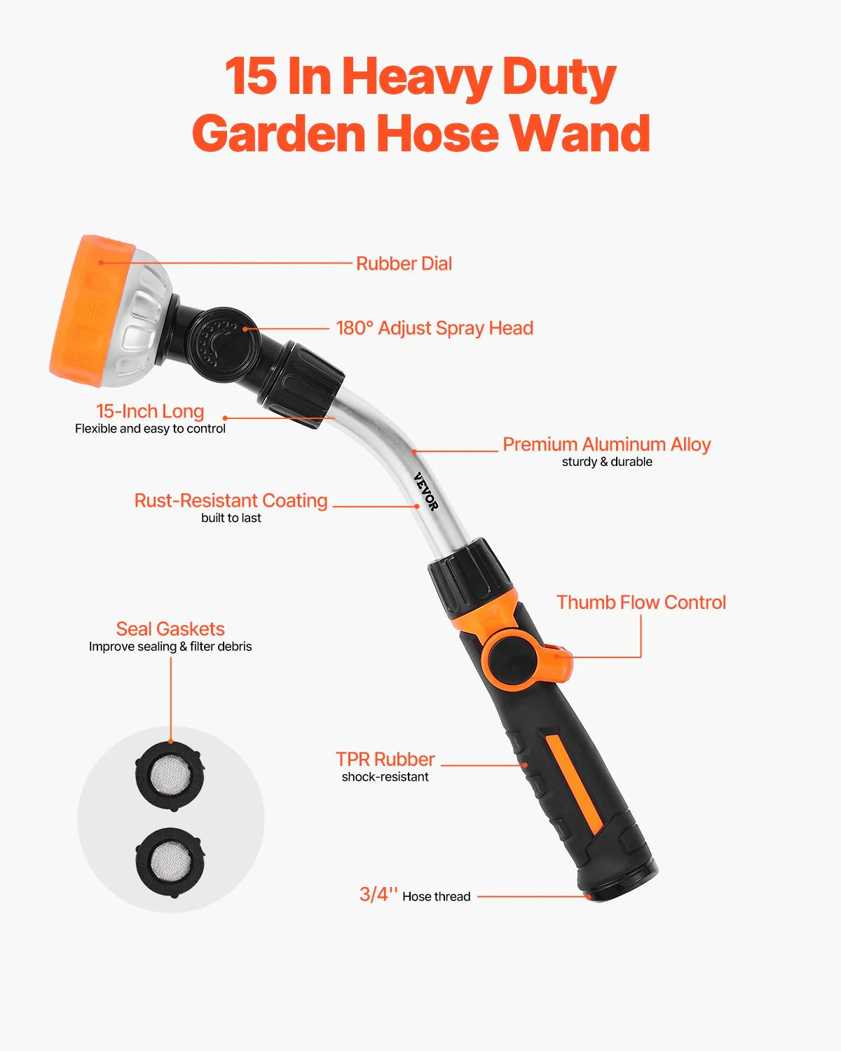 Heavy Duty Garden Hose Wand 15-Inch Long with 8 Spray Patterns & 180¡Ã Swivel Head