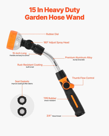 Heavy Duty Garden Hose Wand 15-Inch Long with 8 Spray Patterns & 180¡Ã Swivel Head