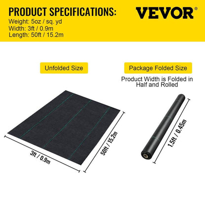 VEVOR Premium Weed Barrier Fabric, Various Specifications, Fathersdaygift, Woven Weed Control Fabric for Flower Beds, High Permeability & Geotextile Underlayment