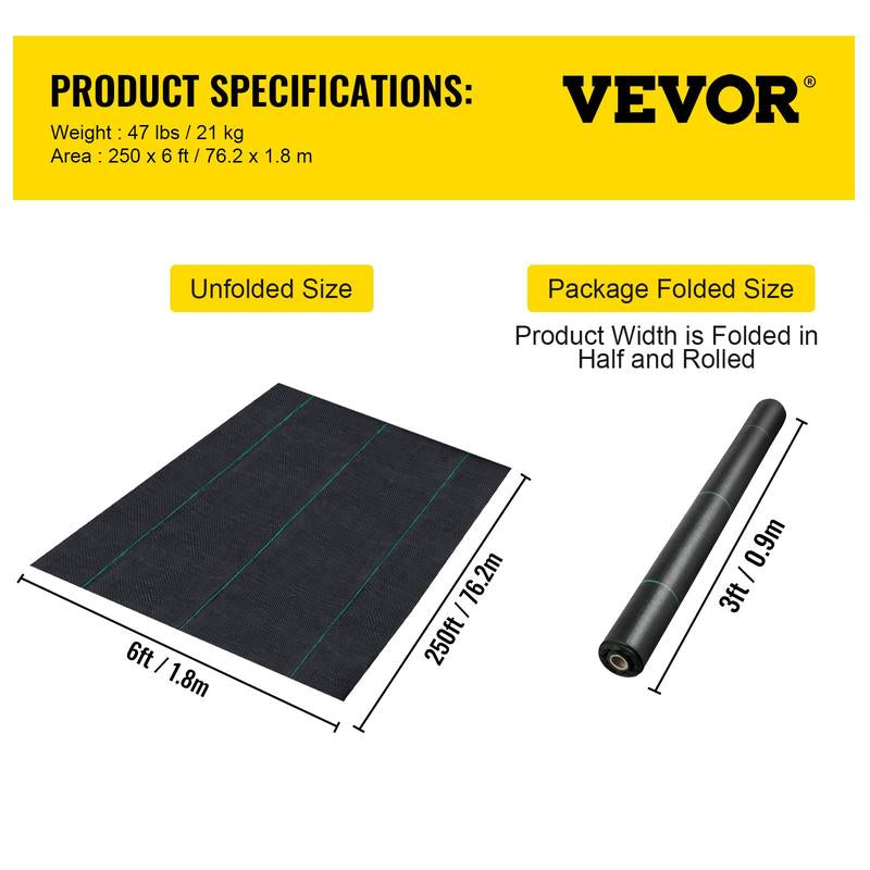 VEVOR Premium Weed Barrier Fabric, Various Specifications, Fathersdaygift, Woven Weed Control Fabric for Flower Beds, High Permeability & Geotextile Underlayment