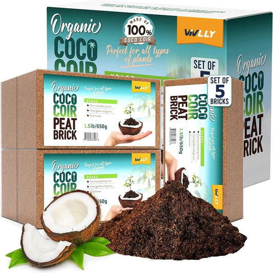 Compressed Coco Coir 5-Pack – 1.4 Lb Bricks, Organic, Ph-Adjusted, Expanding Garden Soil for Herbs, Flowers & Plants Premium Potting Fertilizer Cocopeat Peat Ph Balance