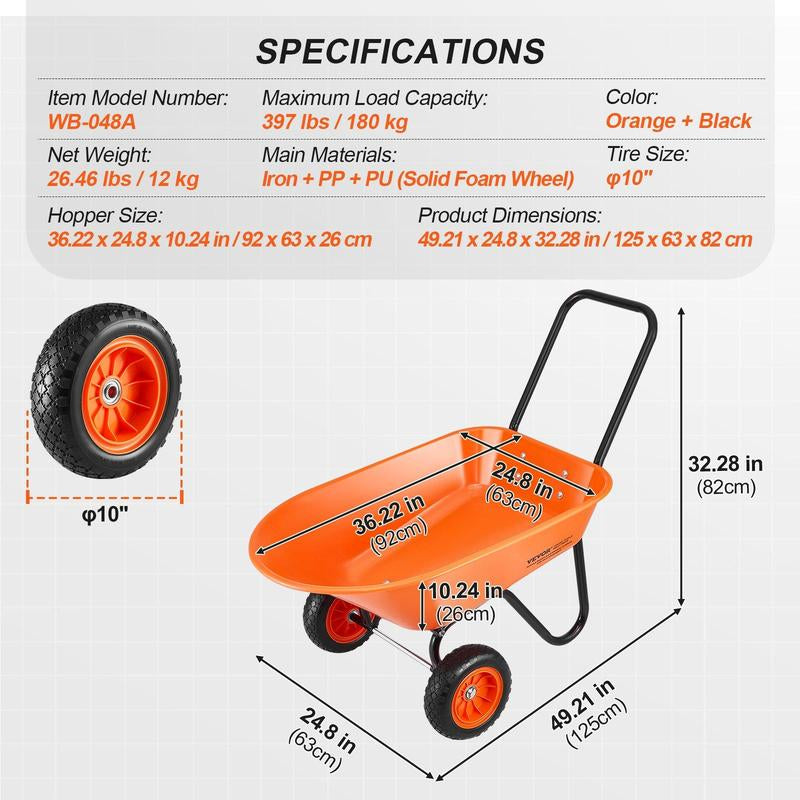 VEVOR Wheelbarrow Cart 2 Wheels Garden Dump Cart 397 Lbs Yard Utility Cart