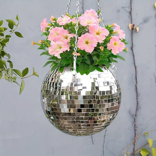 1Pc Unique Handcrafted Bohemian-Inspired Hanging Disco Mirror Ball Planter - Self-Watering, Space-Saving, Stylish Home Decor For