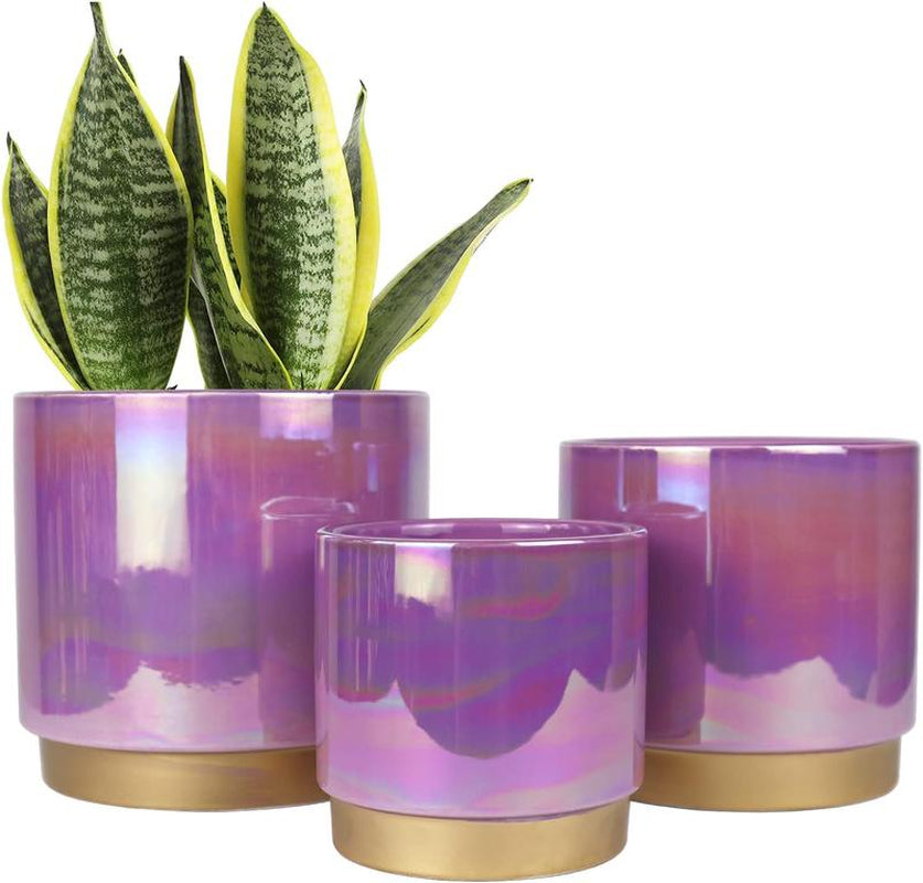 3 Pack Ceramic Pots for Plants, Rainbow Pearl Glaze Planter with Drainage Hole for Indoor-Outdoor Large round Succulent Orchid Flower Pots