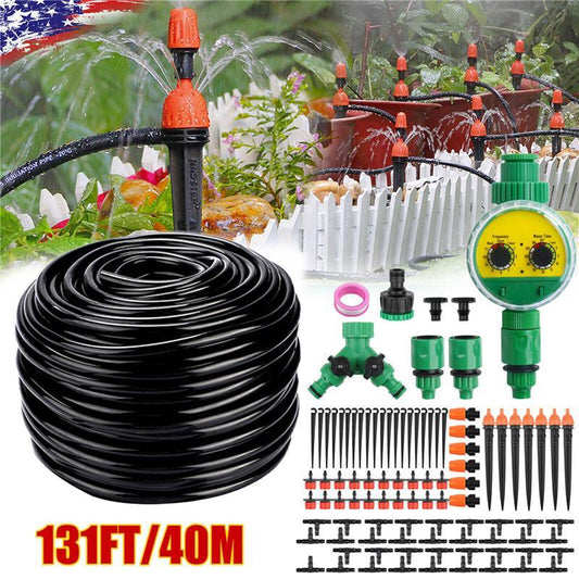 130-Foot Drip Irrigation System with Plant Timer and Self-Watering Hose Spray Kit - USA